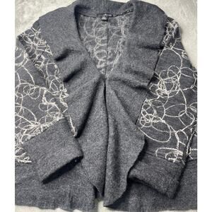 Willi Smith Cardigan Sweater Women X-Large Gray Boiled Wool‎ Embroidered V Neck